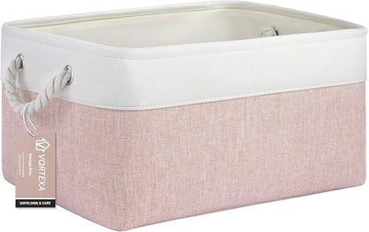Large Storage Baskets- 15.7x11.8x8.26 inch Storage Bins for Shelves and Closet Organizing, Foldable Fabric Bin for Home Organization Clothes and Laundry (1-Pack, White&Pink)