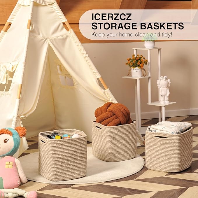 ICERZCZ 11 Inch Cube Storage Bins, Storage Cube Organizer Bins, Woven Cotton Rope Baskets for Storage, Storage Basket for Organizing Shelves, Square Baskets for Toys Nursery, Brown (Pack of 3)