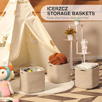 ICERZCZ 13 Inch Cube Closet Storage Bins, Woven Cotton Rope Organizer Baskets for Organizing & Shelves, Books, Towels, Clothes, Toys, 13x13x13 in, Brown (Pack of 3)