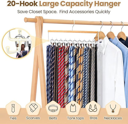 Tie Rack Hanger for Closet Upgraded 2-in-1 Tie and Belt Hanger Non Slip Tie Rack with 20 Hooks Tie Hanger Space Saving Wooden Belt Tie Organizer for Tank Tops Bras Cami Scarves, Wooden