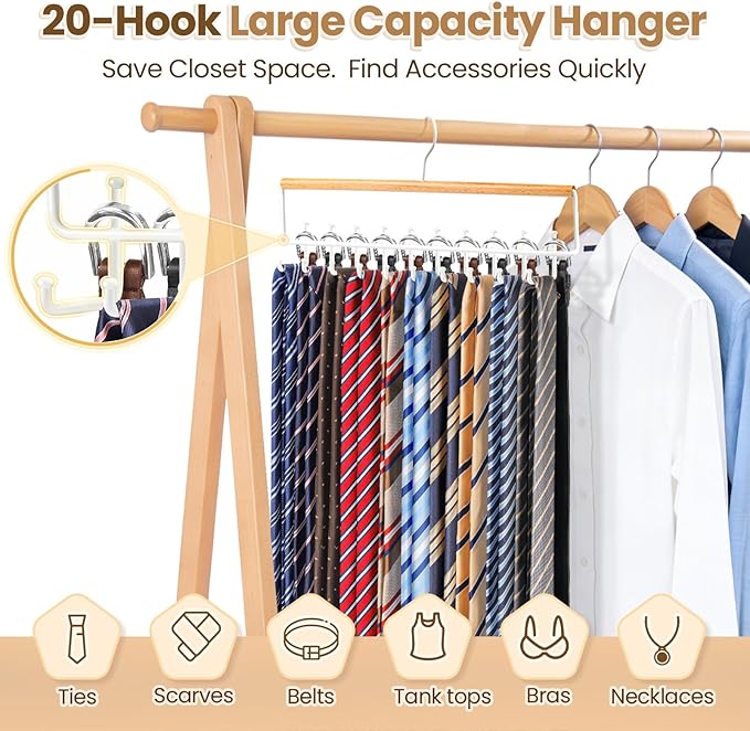 2PCS Tie Rack Hanger for Closet Upgraded 2-in-1 Tie and Belt Hanger Non Slip Tie Rack with 20 Hooks Tie Hanger Space Saving Wooden Belt Tie Organizer for Tank Tops Bras Cami Scarves, Wooden
