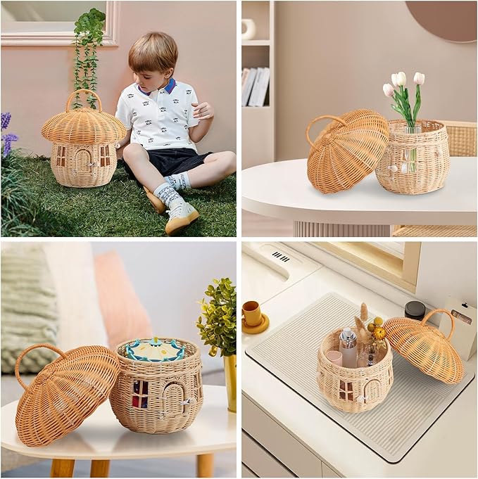 Handmade Wicker Mushroom-Shaped Storage Basket for Outdoor, Kids, Decor, Photography Props