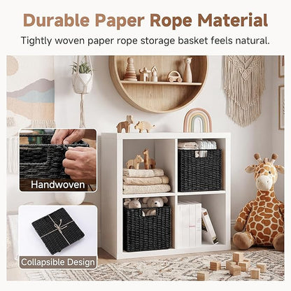 StorageWorks 11 inch Wicker Baskets, Handwoven Storage Cubes with Handles, Foldable Paper Rope Basket for Organizing, Black, 2 Pack