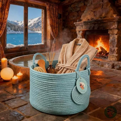 Modern Granny Small Cotton Rope Laundry Basket 16x10 Inch Dual Secure Woven Handle for Living Room Closet Clothes Blanket Organization