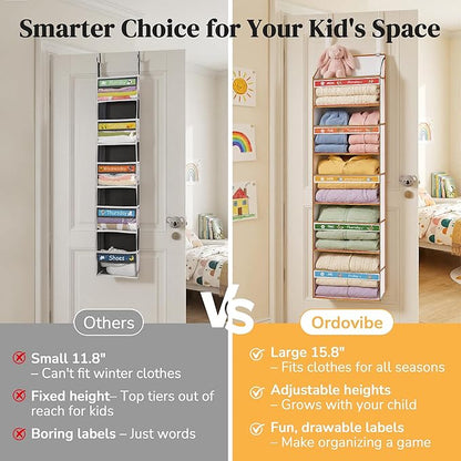 5 Tiers Adjustable Weekly Over Door Organizer with 10 Mesh Side Pockets, 44 lbs Weight Capacity Hanging Storage Organizer with Clear Window Kids Toys, Shoes, Diapers, Colorful