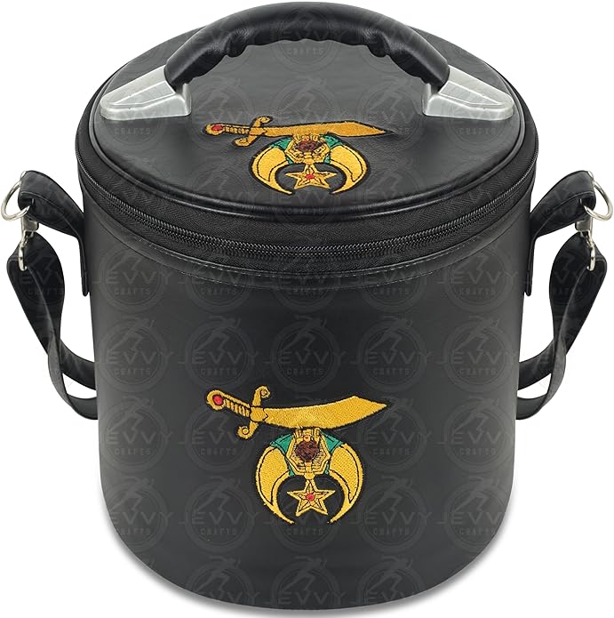 Shriner Fez Regalia Case – Black Faux Leather with Embroidered Emblems, Handle & Hanging Shoulder Strap – Masonic Storage Bag