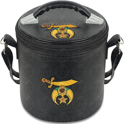Shriner Fez Regalia Case – Black Faux Leather with Embroidered Emblems, Handle & Hanging Shoulder Strap – Masonic Storage Bag