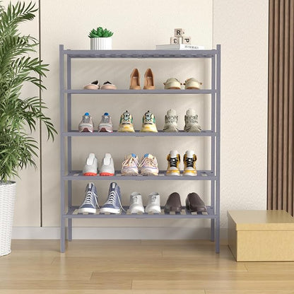 ROMGUAR CRAFT 5 Tier Bamboo Shoe Rack for Closet Free Standing Wood Shoe Shelf for Entryway Small Space Stackable 27"x11"x33" (Grey)