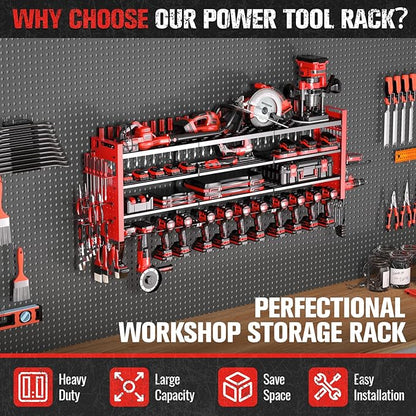 49.8" W Large Power Tool Organizer Wall Mount, Heavy Duty Tool Organizer with 14 cordless Drill Holder, 4 Layers Garage Organization and Storage Rack, Tool Rack for Garage Workshop, Red