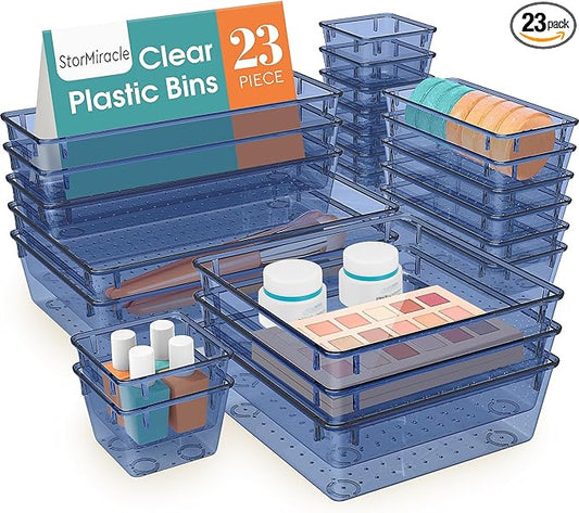 StorMiracle 23 PCS Drawer Organizer Set, 5 Varied Size Bathroom and kitchen Drawer cabinet organizer Trays, Clear Storage Bins for Makeup, Jewelry, Utensils and Gadgets, Dark Blue