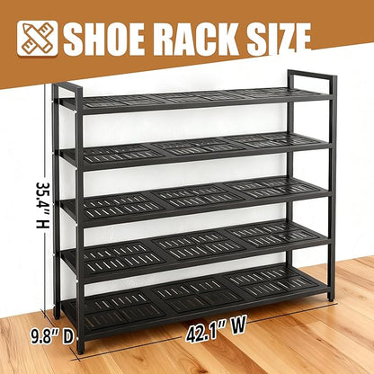 5-Tier Shoe Rack, Large Capacity Metal Free Standing Shoes Rack, Sturdy and Durable Shoe Organizer, Shoe Shelf for Closet, Entryway, Bedroom, for 28-30 Pairs, 42.1" W x 9.8" D x 35.4" H, Black