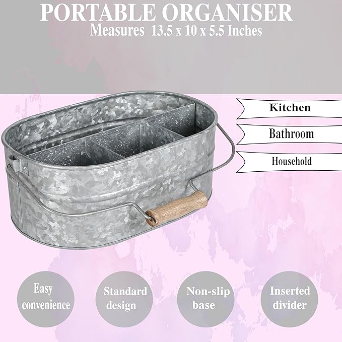 CLEENTABLE Galvanized Heavy Duty Utensil Holder for Countertop, 4-Compartment Large Cooking Utensil Crocks for Kitchen Counter, Farmhouse Utensil Vase for Housewarming, Kitchen Décor (Silver)