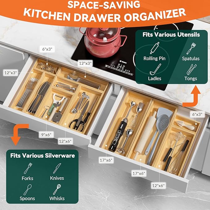 Lixple Bamboo Drawer Organizer for Kitchen & Bath, Extra Large Stackable Tray for Silverware, Toiletries & Utensils, 2 Pcs, 17" x 6" x 2" (Outer), 16.3" x 5.3" x 1.77" (Inner)