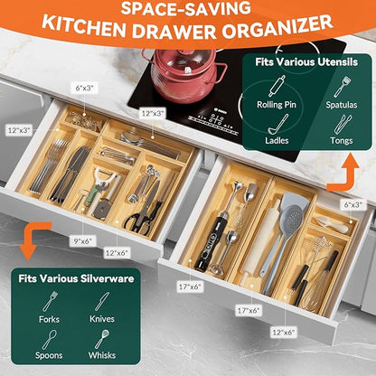 Lixple Bamboo Drawer Organizer, Small Silverware Organizer for Kitchen Drawer, Stackable Utensil Tray, 2 Pcs Flatware Organizer, Bamboo 6" x 3" x 2" (Outer), 5.3" x 2.3" x 1.77" (Inner)