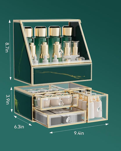 CoralHouse Makeup Organizer Countertop,Green Makeup Organizer with Drawer, Skincare Holder for Bathroom Countertop,Cosmetic Display Case for Dresser.