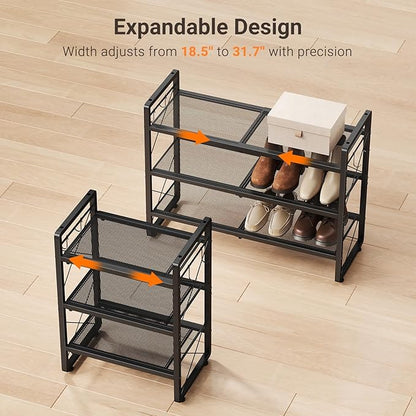 ELYKEN Shoe Rack, 3-Tier Expandable Shoe Organizer for Entryway, Metal Black Shoe Shelf with 4 Hooks, Ajustable Shoe Stand Holder for Closet, Garage, Door Entrance