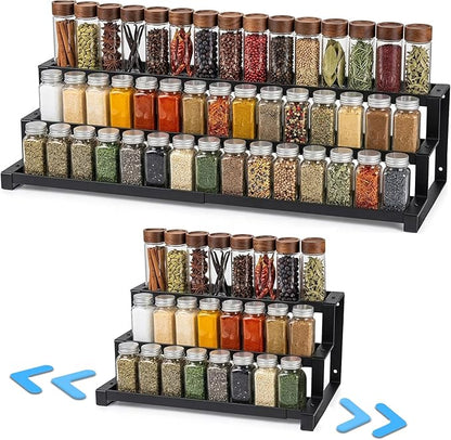 Expandable Spice Rack Organizer for Cabinet, Metal Spice Organizer Adjustable Length, Seasoning & Pantry Organization Shelf 3-Tier, Non-Skid Step Shelf for Kitchen Cabinet, Pantry or Countertop
