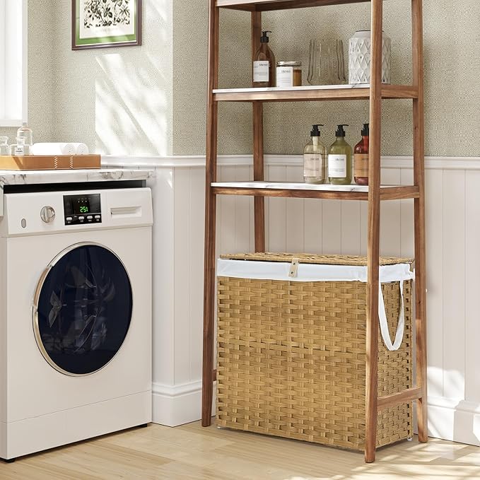 DUMOS Wicker Laundry Basket with Lid, 110L Woven Laundry Hamper with Handles, Foldable Rattan Clothes Hamper with Removable Liner & Sturdy Steel Frame, Goose Yellow
