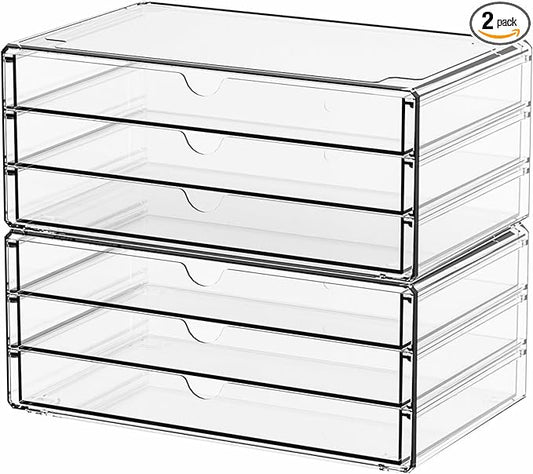 Yieach 2 Pack Acrylic Storage Drawers With 6 Drawers,Stackable Desk Organizer and Makeup Organizer,Large Clear Office Supplies Organizer for Pen,Stationary,Palettes,Arts Craft Organizers and Storage