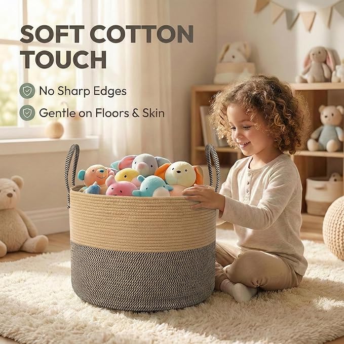 JMvicyroam 115L Extra Large Blanket Basket for Living Room - Woven Cotton Rope Laundry Hamper with Reinforced Handles - Storage Bin for Pillows, Comforters & Toys - Machine Washable,Jute&Black