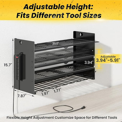 Hipidian Adjustable Power Tool Organizer Wall Mount with Charging Station - 650lb Capacity 4 Layer Heavy Duty Storage Rack with 8 Drill Holders for Garage Workshop Tools, Gifts for Men
