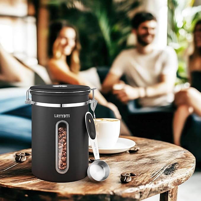 Coffee Canisters with Window,Scoop and Airtight Lid Stainless Steel Kitchen Bean Storage Grounds Container Date Tracker and Scoop for Grounds Coffee Bar Accessories (Black+window, 38 oz)