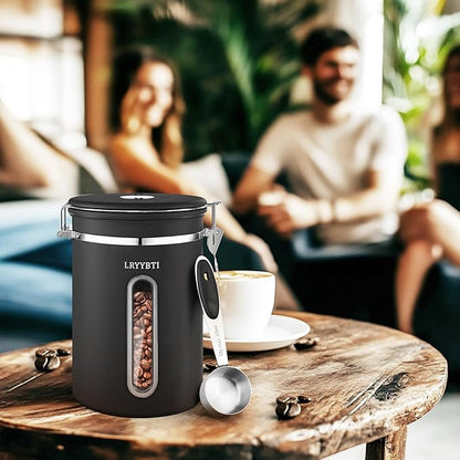 Coffee Canisters with Window,Scoop and Airtight Lid Stainless Steel Kitchen Bean Storage Grounds Container Date Tracker and Scoop for Grounds Coffee Bar Accessories (Black+window, 38 oz)