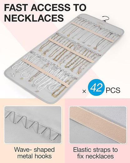 BAGSMART Hanging Jewelry Organizer Storage Roll with Hanger Metal Hooks Double-Sided Jewelry Holder for Earrings, Necklaces, Rings on Closet, Wall, Door, 1 piece, Large, Grey