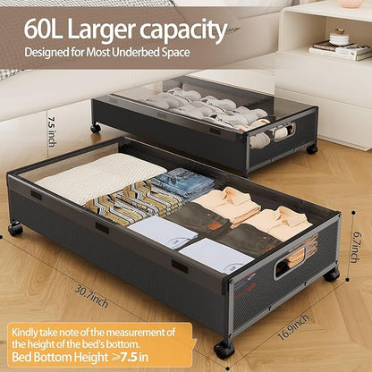 KITHELP Under Bed Storage with Wheels,2 Pack Under Bed Shoe Storage, Under the Bed Storage Drawers with Remove Window, Extra Large Rolling Under Bed Storage Metal Drawer for Clothes (Black-2 pack)