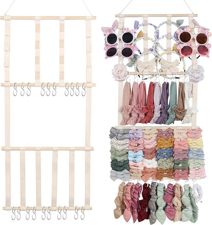 Hair Bow Organizer for Girls, Large Capacity Headband Holder Bow Holder W/ 20 Hooks & 8 Ribbons, Wall Hair Accessory Organizer for Baby Nursery Room Decor(30x14 Inch,Beige)
