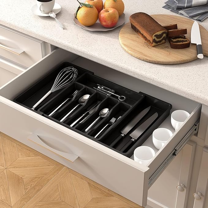 SmartSlide Silverware Drawer Organizer, Expandable Cutlery Tray for Kitchen Drawers, Adjustable Cutlery and Flatware Organizer, Spoons Forks Knives Holder Storage Dividers (57 CM x 38 CM)