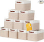 Uiifan 10 Pcs Collapsible Storage Bins Fabric Foldable Storage Basket with Handles Cloth Organizer Linen Shelf Baskets for Shelves Home Closet Nursery Toys(16 x 12 x 10 Inch,Beige and White)
