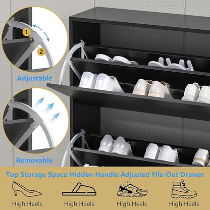 HUANLEGO Shoe Storage Cabinet for Entryway, Black Shoe Cabinet with 3 Flip Drawers Hidden Shoe Storage Modern Shoe Rack Storage Organizer for Entryway,Closet, Living Room,Hallway…