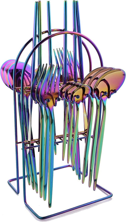 24 Piece Hanging Flatware Set, Stainless Steel Family Kitchen Utensil Set with Rack, Cutlery set for 6 with Holder, Silverware Sets with Holder, Hanging flatware set, Mirror Finish(Rainbow)