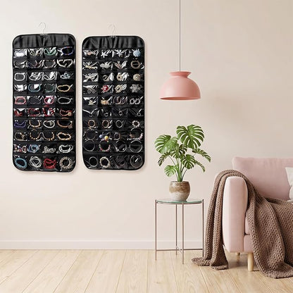 4 Pcs Hanging Jewelry Organizer, Double-Sided Earring Holder with 80 Clear Pockets Black Jewelry Storage Roll with Rotatable Hanger for Earrings, Necklaces, Rings, Bracelets on Closet, Wall, Door