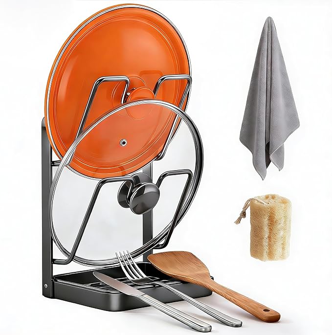 Kitchen Pot Lid Storage Rack, Steel Lid Holder with Removable Drip Tray, Double-Layer Countertop Organizer