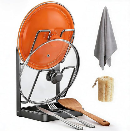 Kitchen Pot Lid Storage Rack, Steel Lid Holder with Removable Drip Tray, Double-Layer Countertop Organizer