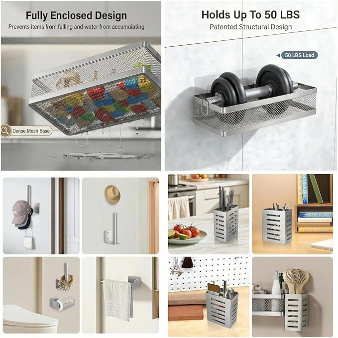PUSDON 5-in-1 Wide Wall Mount Wrapped Mesh Kitchen Organizer & Shower Caddy Kit, with Paper Towel Holder, Utensil Holder, Soap Dish, Heavy Duty 50LBS - Silver Gray, Netting
