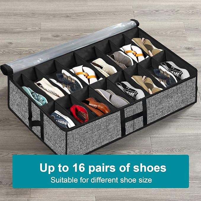 Under Bed Shoe Storage Organizer for Closet 2 Pack Fits 32 Pairs Underbed Shoes Container Boxes with Sturdy H-Handles, Foldable Shoe Rack Holder,Black