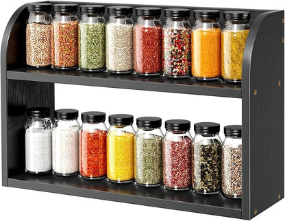 ROMGUAR CRAFT 2 Tier Bamboo Spice Rack, Countertop or Wall Mounting Wood Spice Jars Organizer Shelf for Kitche, Pantry (Black)