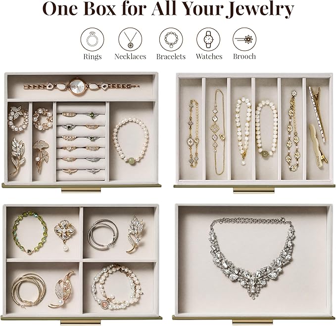 Jewelry Box Organizer Case for Women: 4-Layer Jewelry Storage Case with Glass Window, Olive Green Leather with Cream Velvet, Holder for Ring Necklace Bracelet Brooch Watch, Great Gift for Her