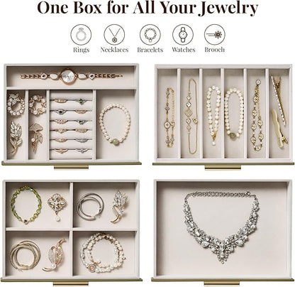 Jewelry Box Organizer Case for Women: 4-Layer Jewelry Storage Case with Glass Window, Olive Green Leather with Cream Velvet, Holder for Ring Necklace Bracelet Brooch Watch, Great Gift for Her