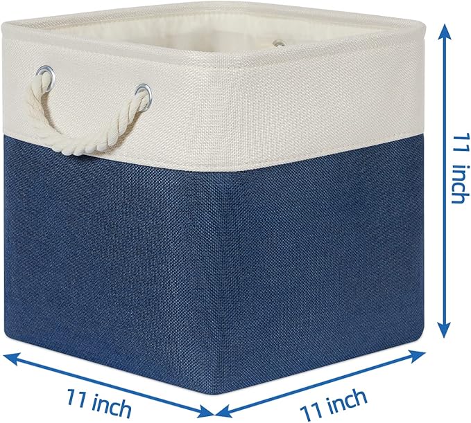 Temary Fabric Storage Cubes 11x11 Cube Storage Bins 4Pack Blue Basket for Organizing Home, Closet, Empty Gift Baskets with Handles (White&Blue)