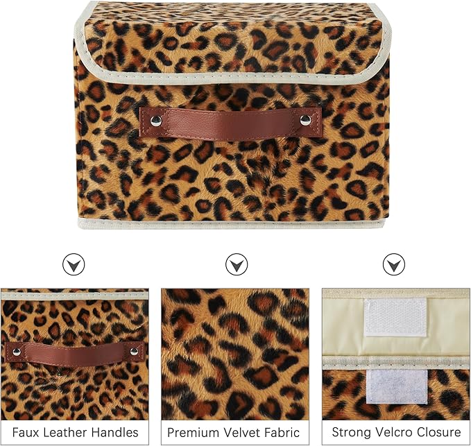Storage Bin with Lid Leopard Print Cute Velvet Fabric Storage Basket Box Faux Leather Handles PP Plastic Board Foldable Washable Lidded Closet Shelf Organizer Container (Small Size)