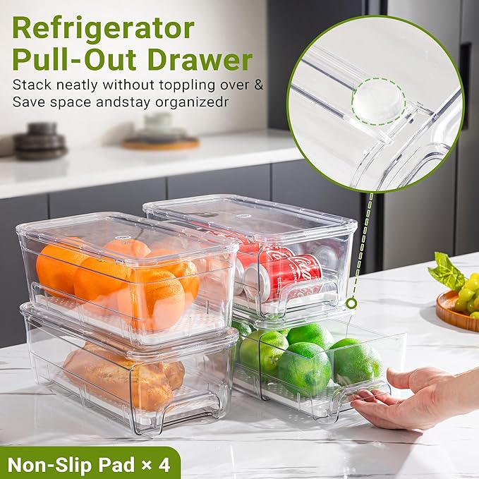 Imncya Fridge Organizer Bins, Clear Stackable Pull Out Fridge Drawer Organizer, Refrigerator Organizers and Storage Container for Fruits, Vegetables, Drinks, Food ( 2 Pack Clear)