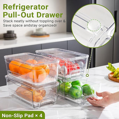 Imncya 5 Pack Fridge Organizer Bins, Clear Stackable Pull Out Refrigerator Drawer Organizer, Fridge Organizers and Storage Container for Fruits, Vegetables, Drinks, Food