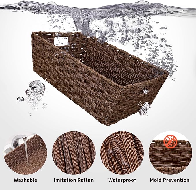 Onlytak Large Wicker Storage Basket, Metal Frame, Set of 2, Washable Waterproof, 15" x 10.3" x 5.2", Brown Color, Woven Basket for Pantry, Toilet, Bathroom, Bedroom, Patio