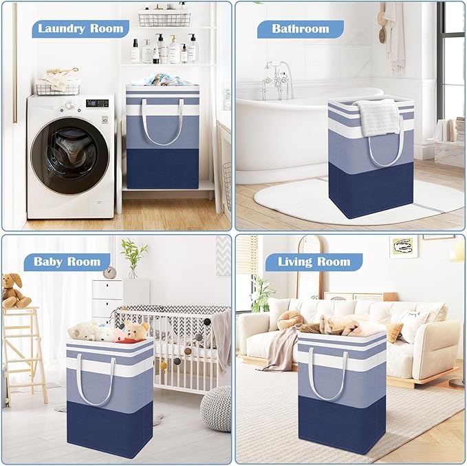 BlissTotes 3-Pack Laundry Basket, Freestanding＆Waterproof Laundry Hamper, Collapsible Tall Clothes Hamper with Easy Carry Handles for Clothes, Towels in the Family and Dorm,Gradient Blue,75L