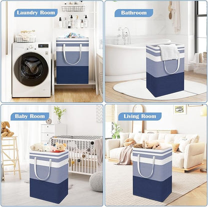 BlissTotes 3-Pack Laundry Basket, Freestanding＆Waterproof Laundry Hamper, Collapsible Tall Clothes Hamper with Easy Carry Handles for Clothes, Towels in the Family and Dorm,Gradient Blue,125L