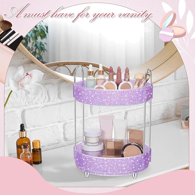 Honeydak 360 Rotating Perfume Organizer for Mother Day Nurse Day Rhinestone Bathroom Counter Organizer Makeup Holder Skincare and Perfume Storage for Cosmetic Countertop(2 Tiers,Resin Stone,Purple)